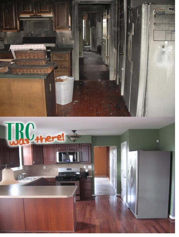 Fire-damaged kitchen above and the restored kitchen below