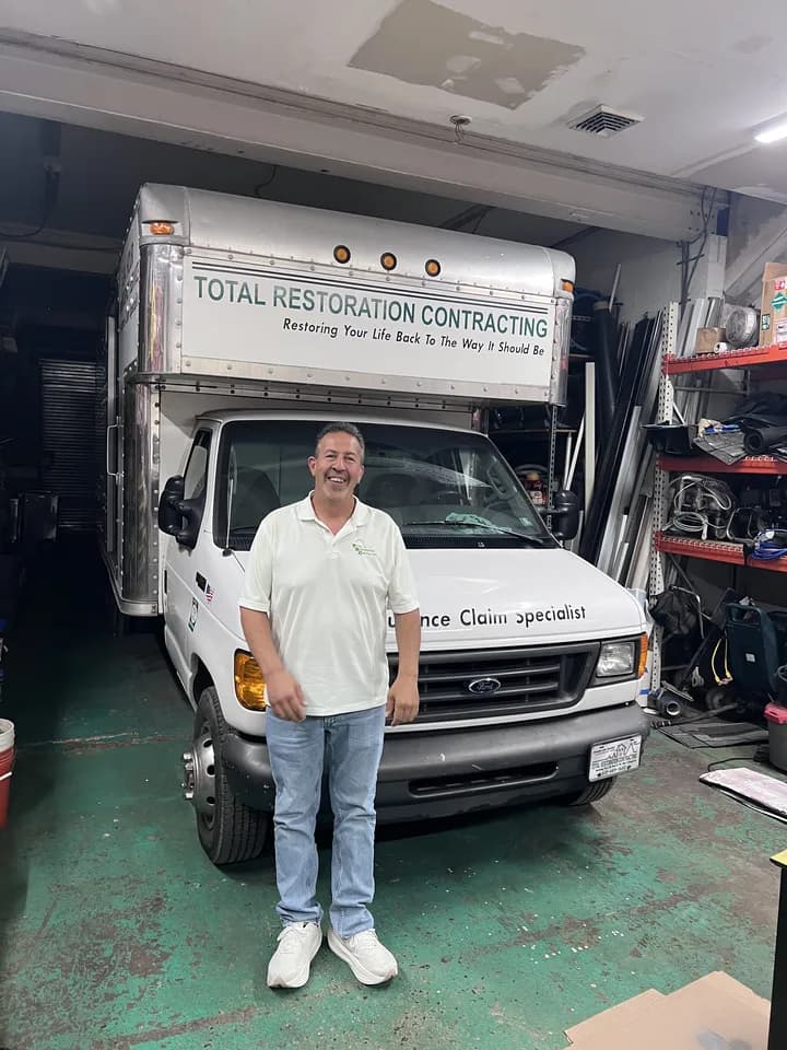 Derek Granieri, President & Owner of Total Restoration Contracting, standing in front of a branded TRC truck