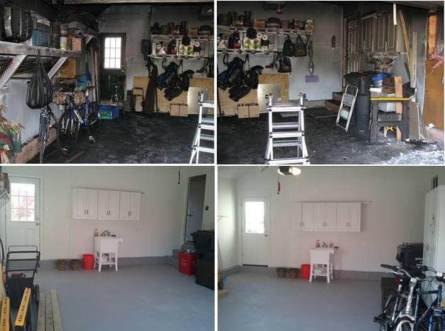Fire-damaged garage before restoration and the rebuilt garage after